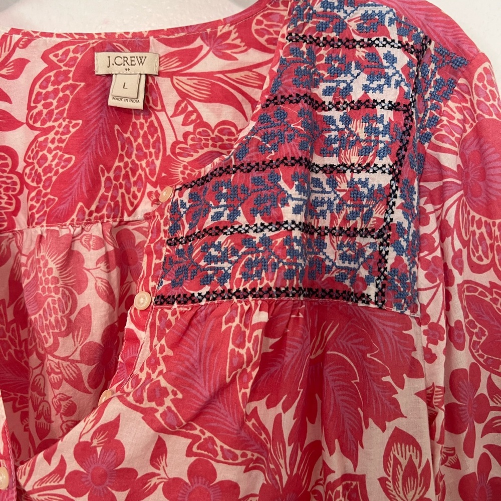 NWOT J. Crew Pink Floral Blouse with Blue Embroidery Detail Sz L - Picture 5 of 10
